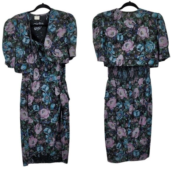 Vtg 80's Womens Dress Set Strapless Smocked Sweetheart Faux Wrap Floral Blk XS - Picture 1 of 13